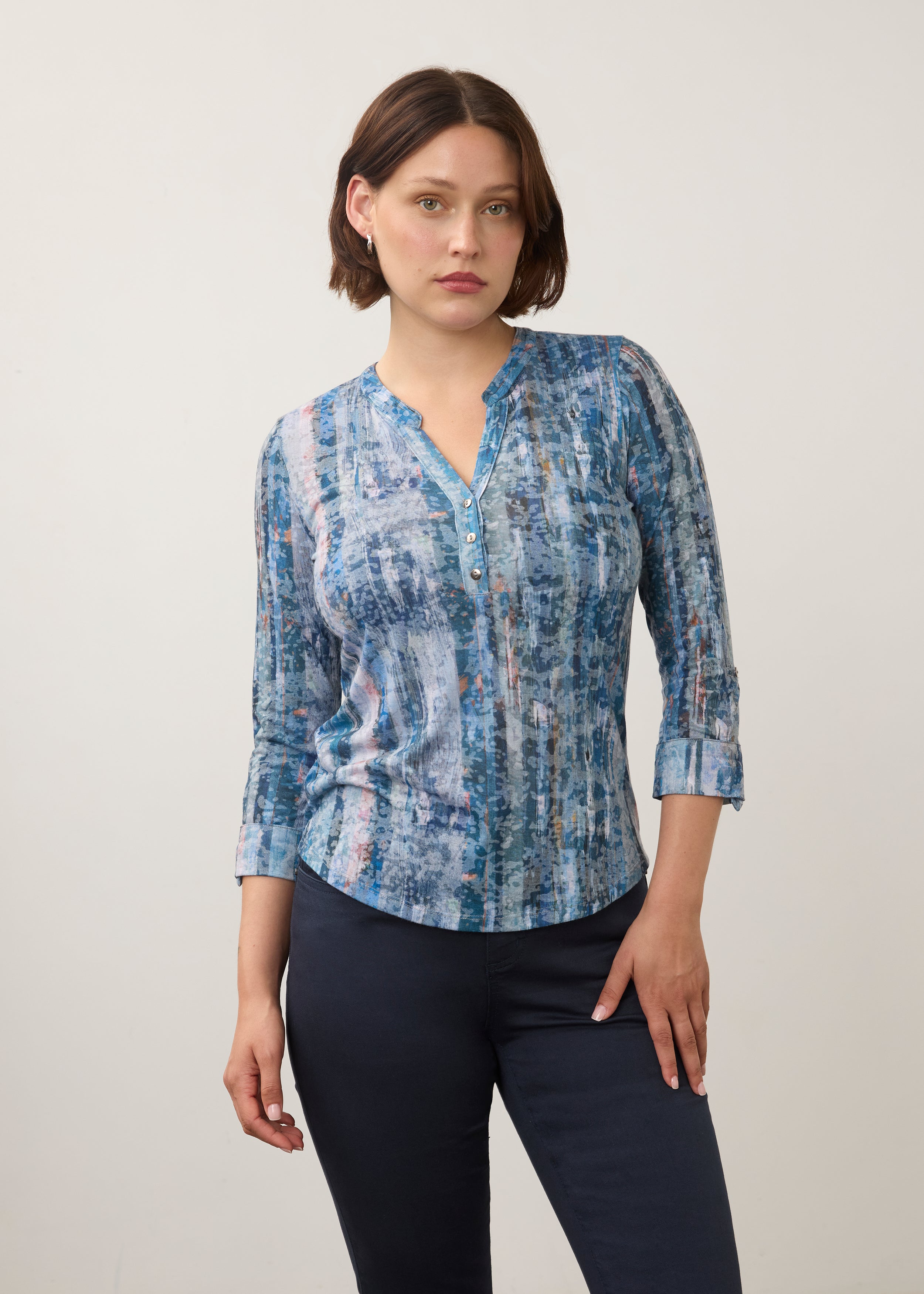 FDJ 3/4 Sleeve Henley Top Gravity Indigo