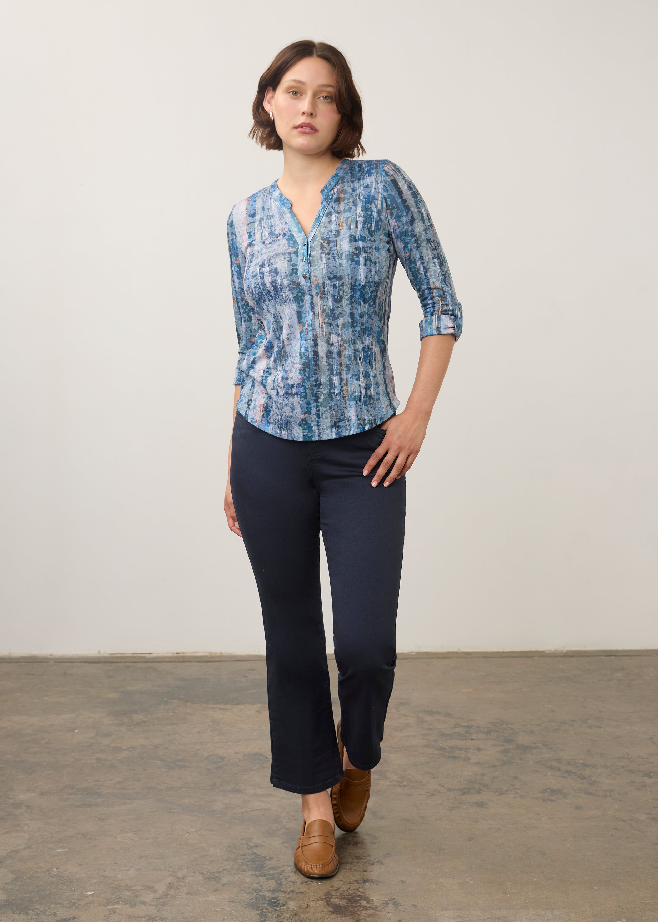 FDJ 3/4 Sleeve Henley Top Gravity Indigo